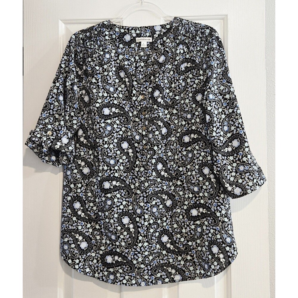 Croft & Barrow Large Blouse Black Blue Paisley Floral Boho Split Neck Roll Tab